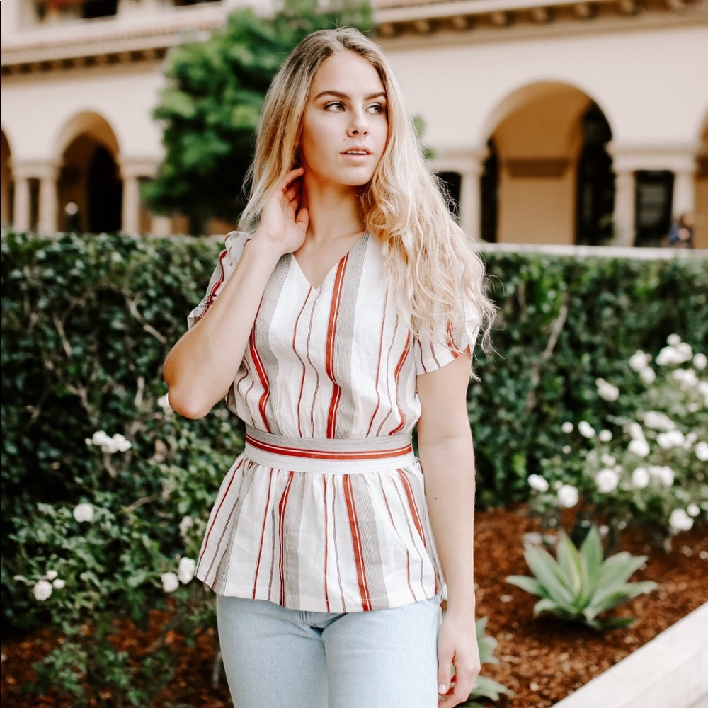 Striped blouse with tie/ cinched waist